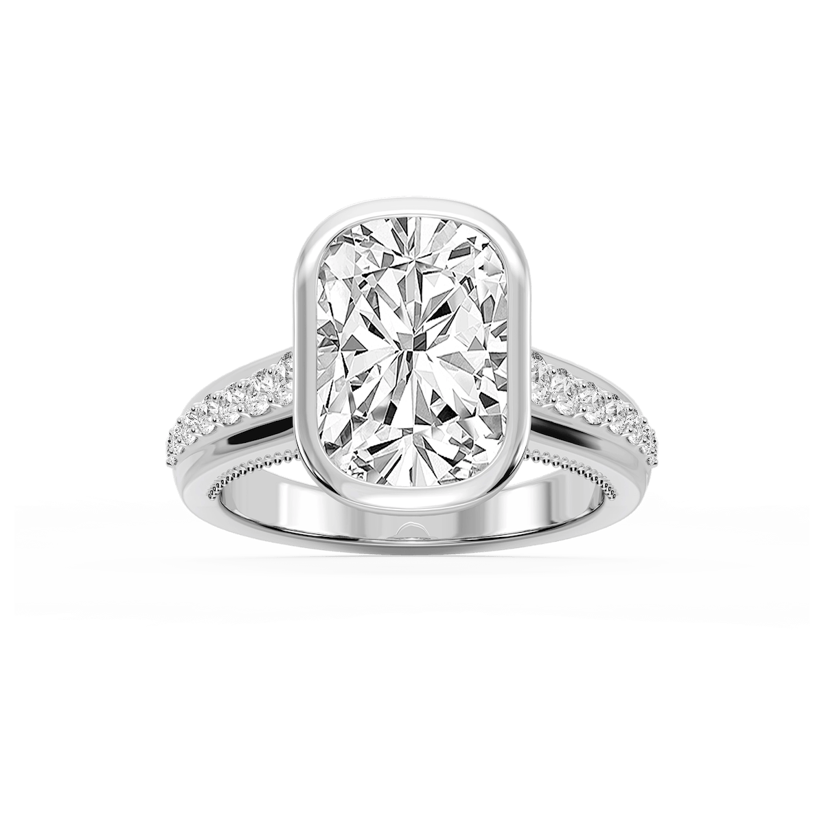 Ellen Elongated Cushion Lab Grown Diamond Bezel Side Stone Engagement Ring