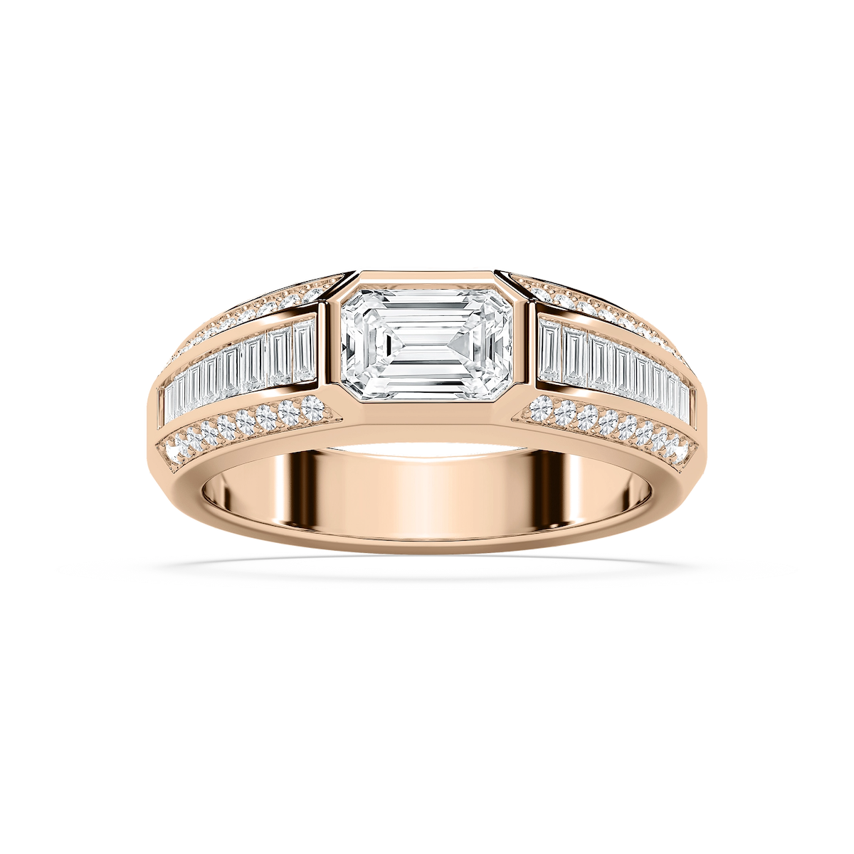 Theodore 2 ⅜ ctw Emerald, Baguette and Round Lab Grown Diamond 4.45mm East West Bezel Mens Wedding Band