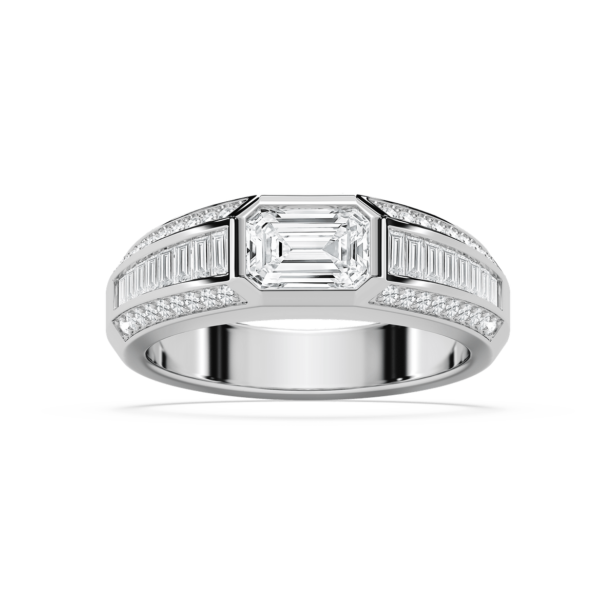 Theodore 2 ⅜ ctw Emerald, Baguette and Round Lab Grown Diamond 4.45mm East West Bezel Mens Wedding Band