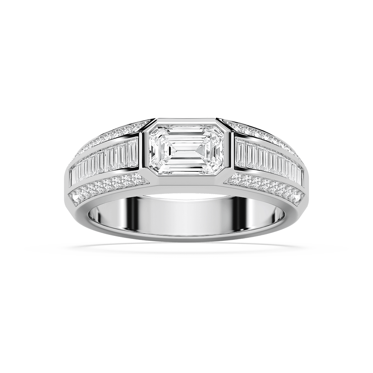 Theodore 2 ⅜ ctw Emerald, Baguette and Round Lab Grown Diamond 4.45mm East West Bezel Mens Wedding Band