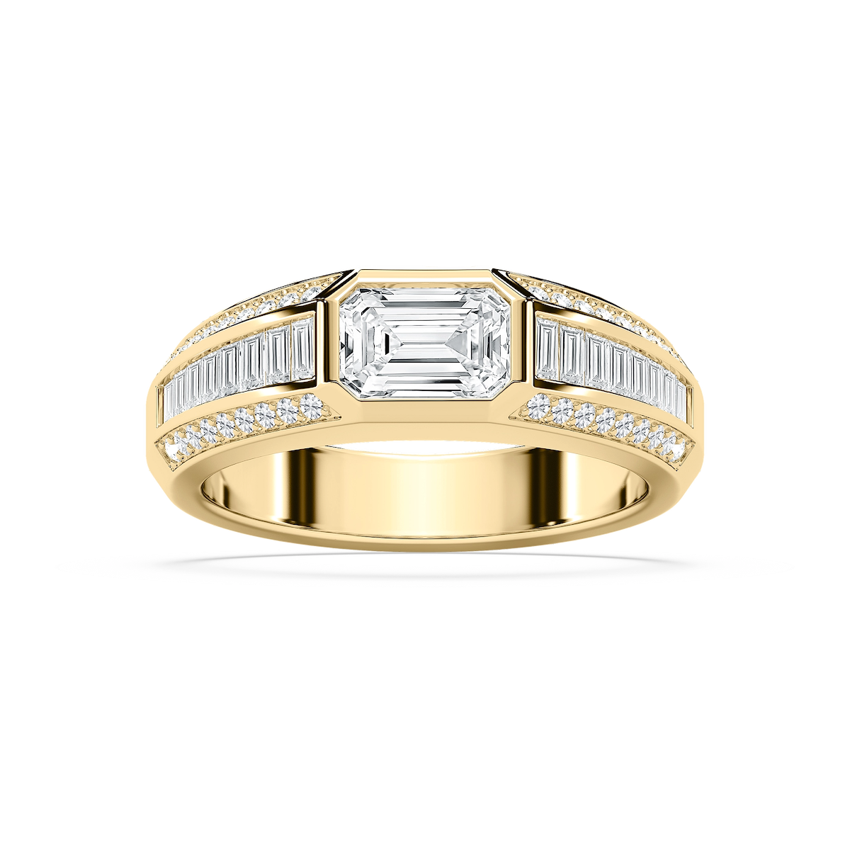 Theodore 2 ⅜ ctw Emerald, Baguette and Round Lab Grown Diamond 4.45mm East West Bezel Mens Wedding Band