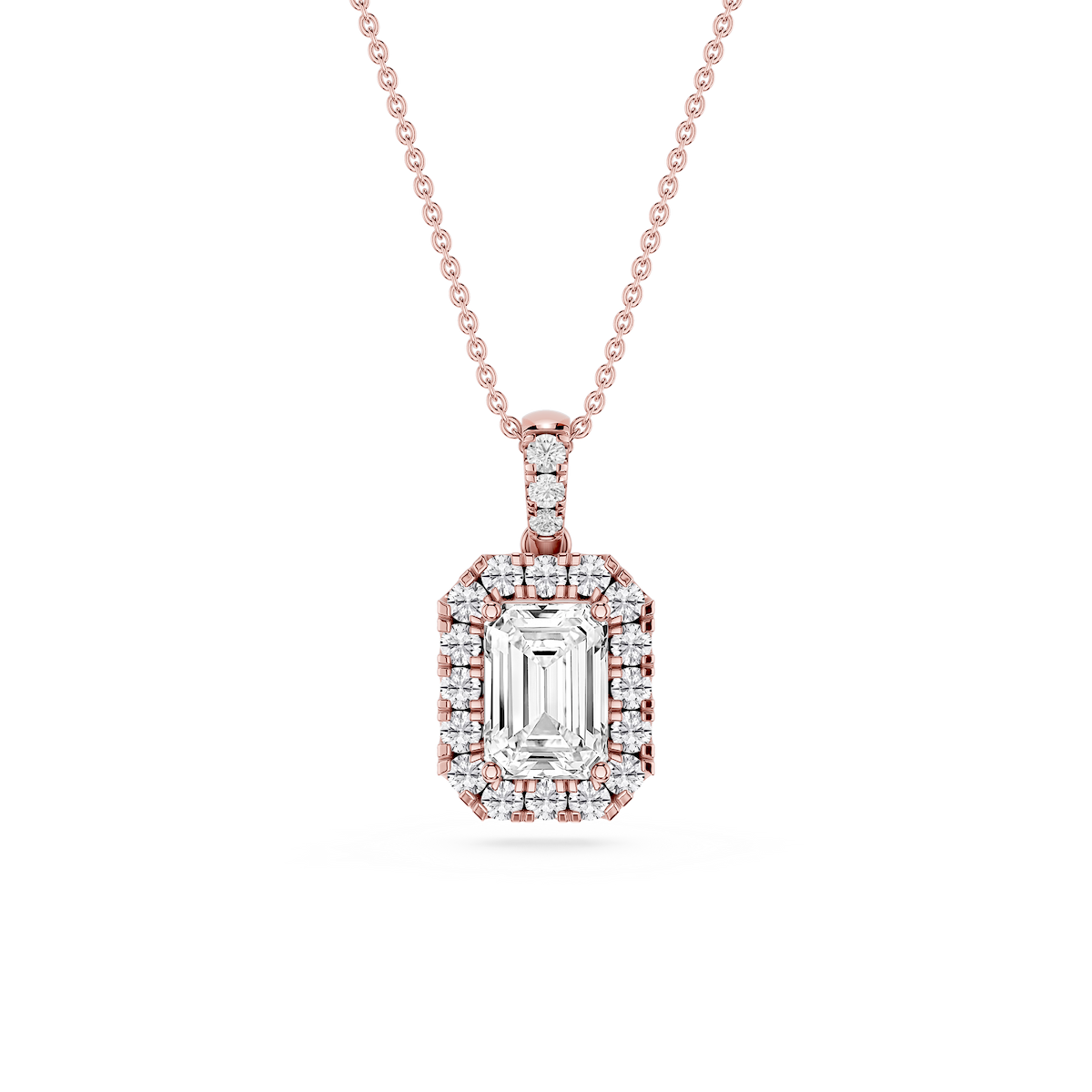 Emerald Lab Grown Diamond Halo Diamond Bail Solitaire Pendant - 16 to 18 Inches