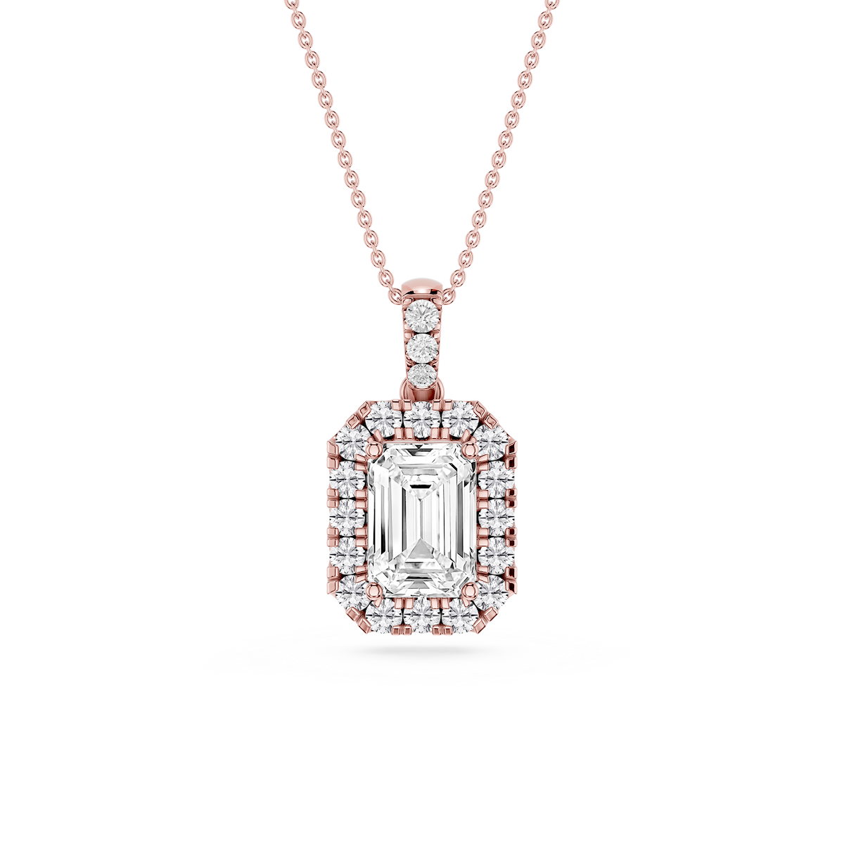 Emerald Lab Grown Diamond Halo Diamond Bail Solitaire Pendant - 16 to 18 Inches