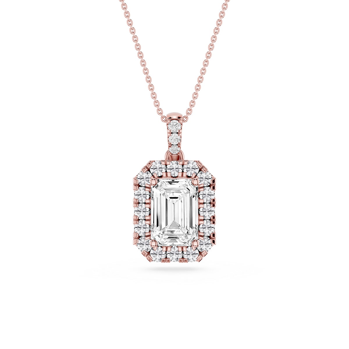 Emerald Lab Grown Diamond Halo Diamond Bail Solitaire Pendant - 16 to 18 Inches