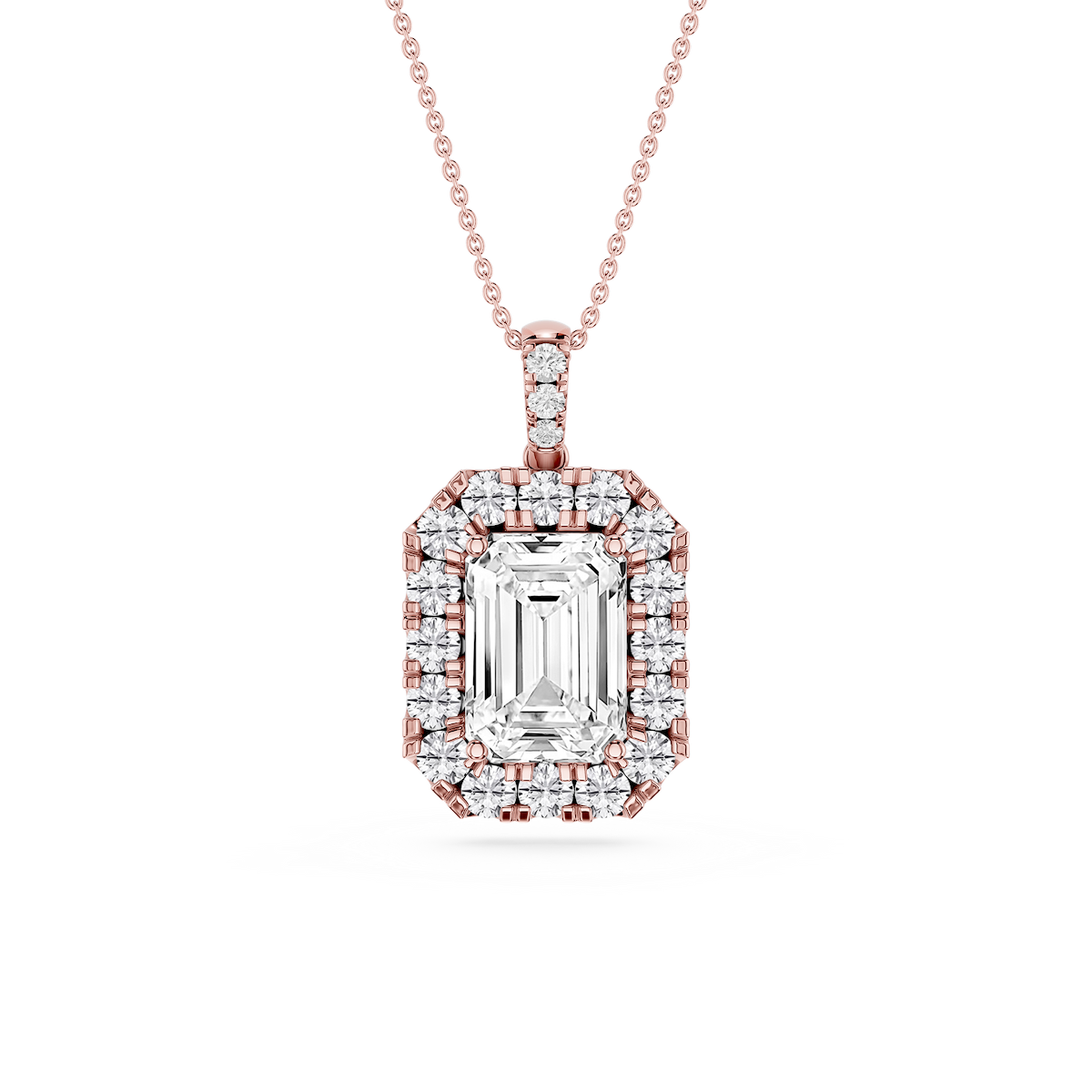 Emerald Lab Grown Diamond Halo Diamond Bail Solitaire Pendant - 16 to 18 Inches