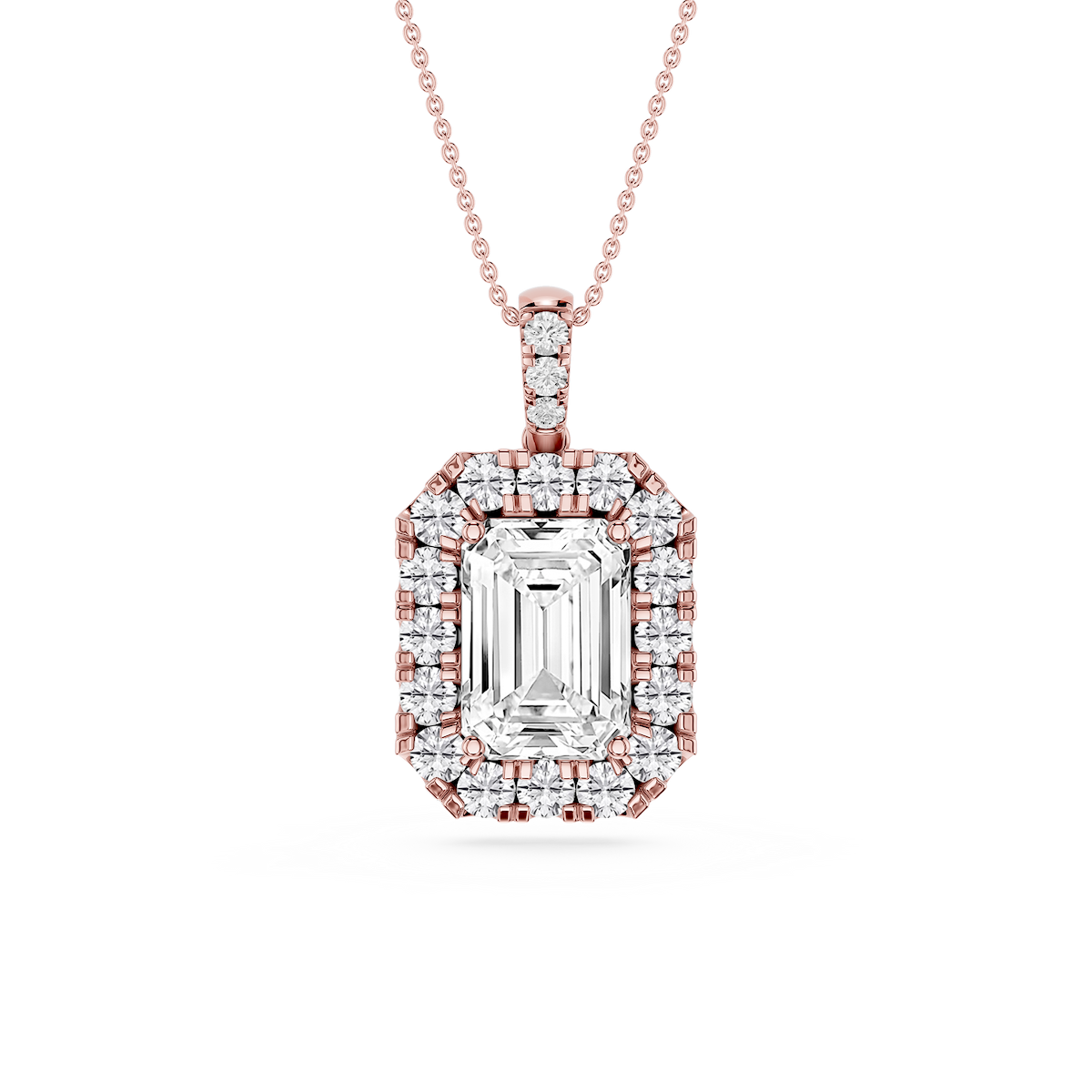 Emerald Lab Grown Diamond Halo Diamond Bail Solitaire Pendant - 16 to 18 Inches