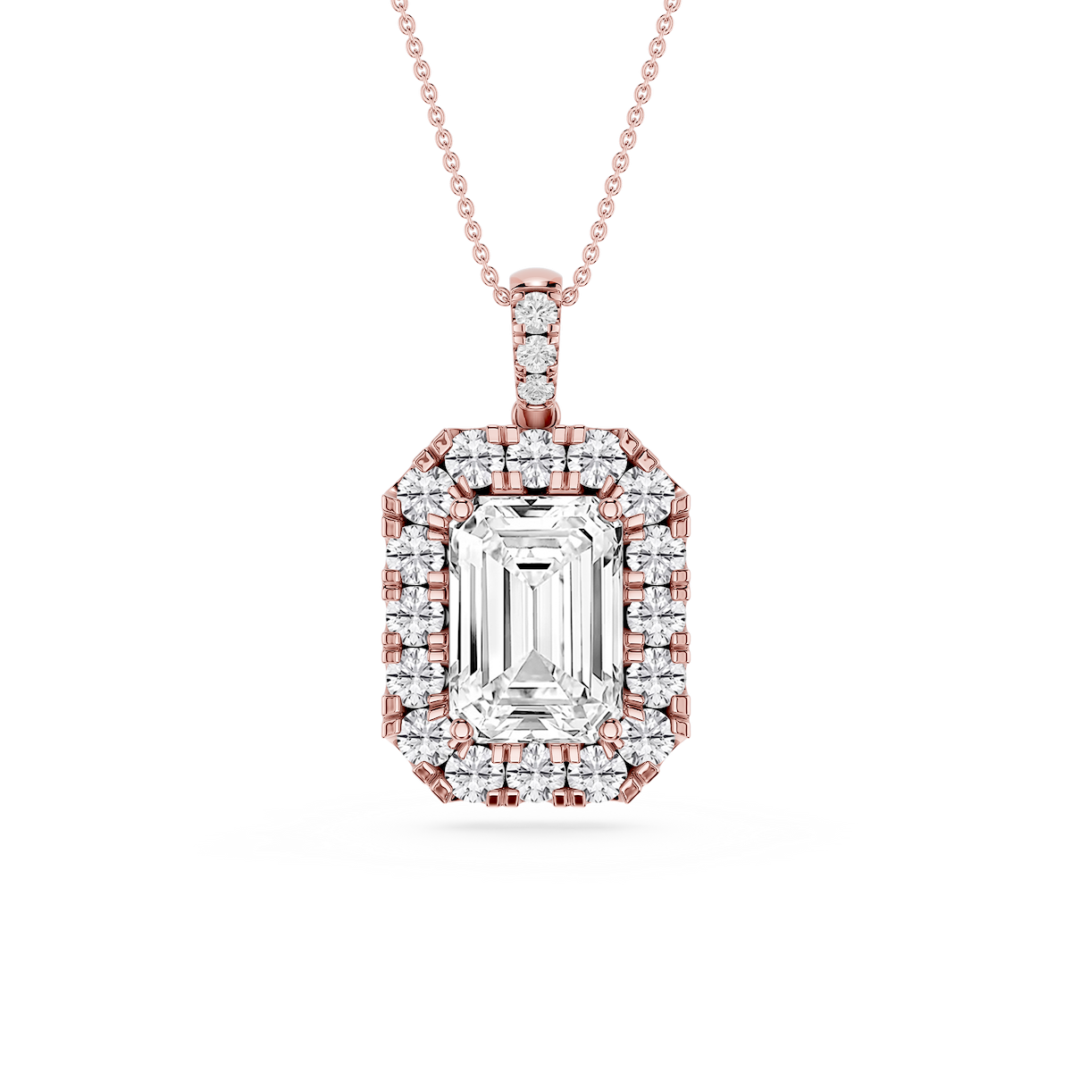 Emerald Lab Grown Diamond Halo Diamond Bail Solitaire Pendant - 16 to 18 Inches