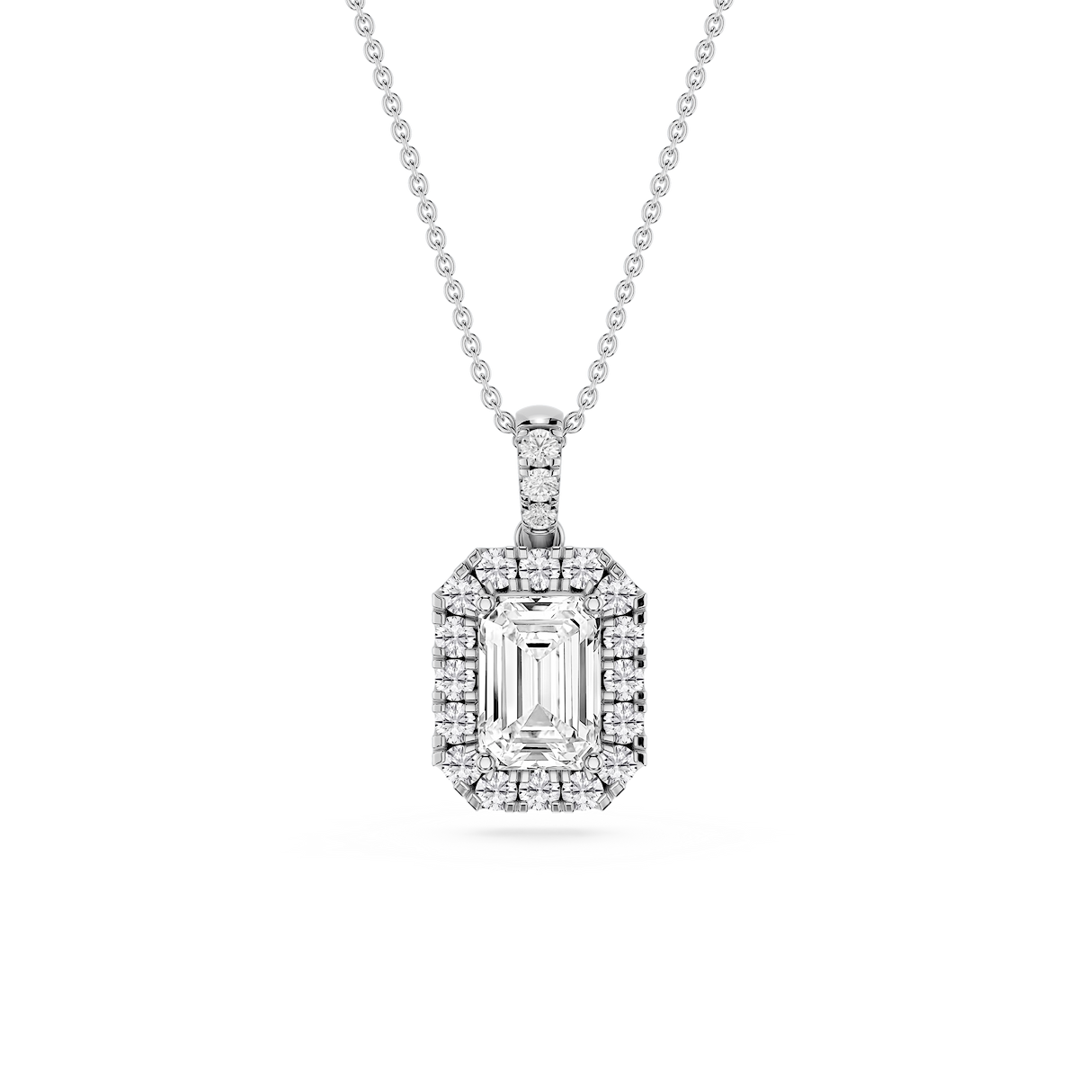 Emerald Lab Grown Diamond Halo Diamond Bail Solitaire Pendant - 16 to 18 Inches