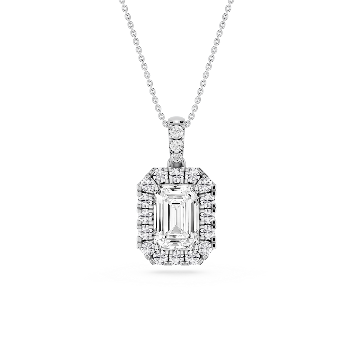 Emerald Lab Grown Diamond Halo Diamond Bail Solitaire Pendant - 16 to 18 Inches