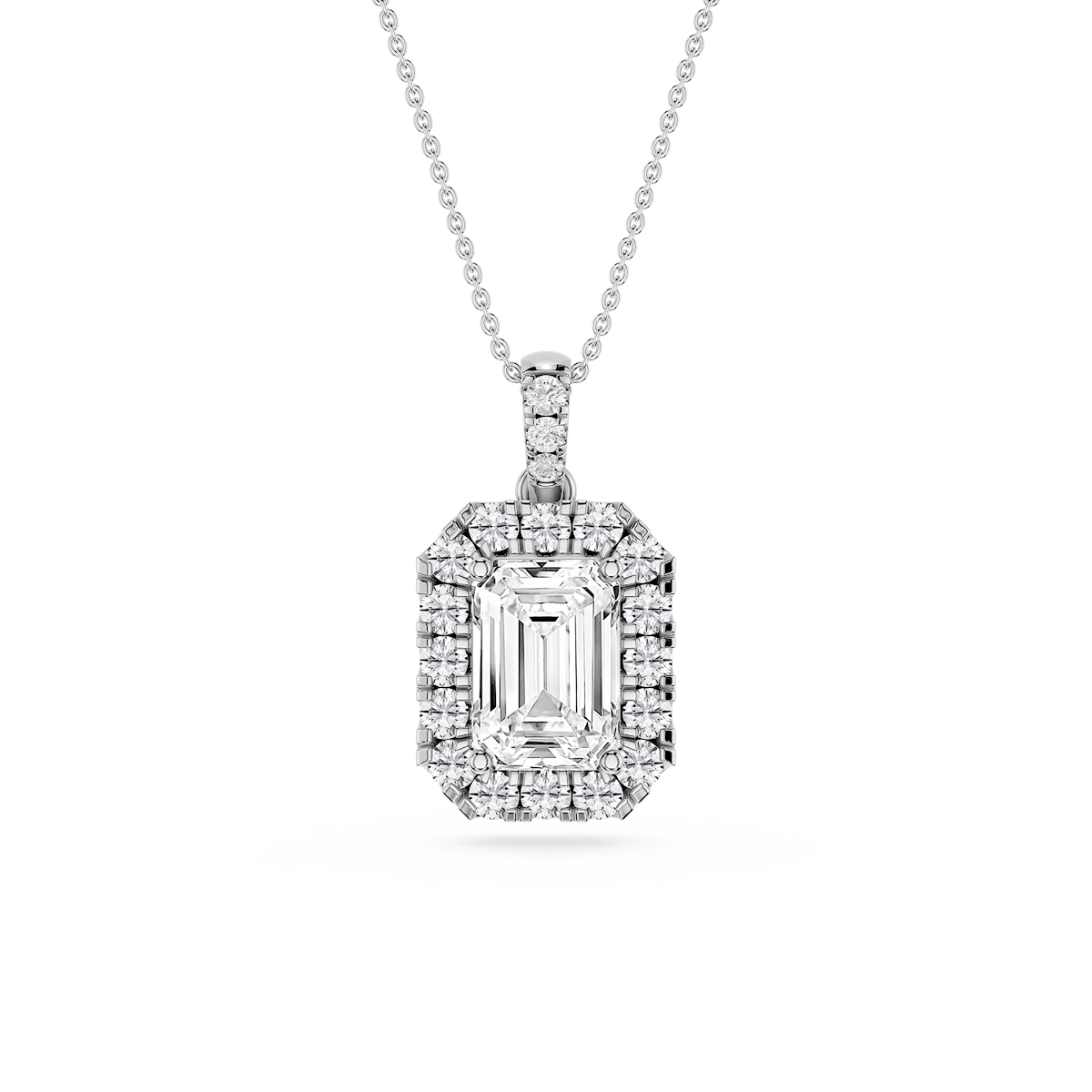 Emerald Lab Grown Diamond Halo Diamond Bail Solitaire Pendant - 16 to 18 Inches
