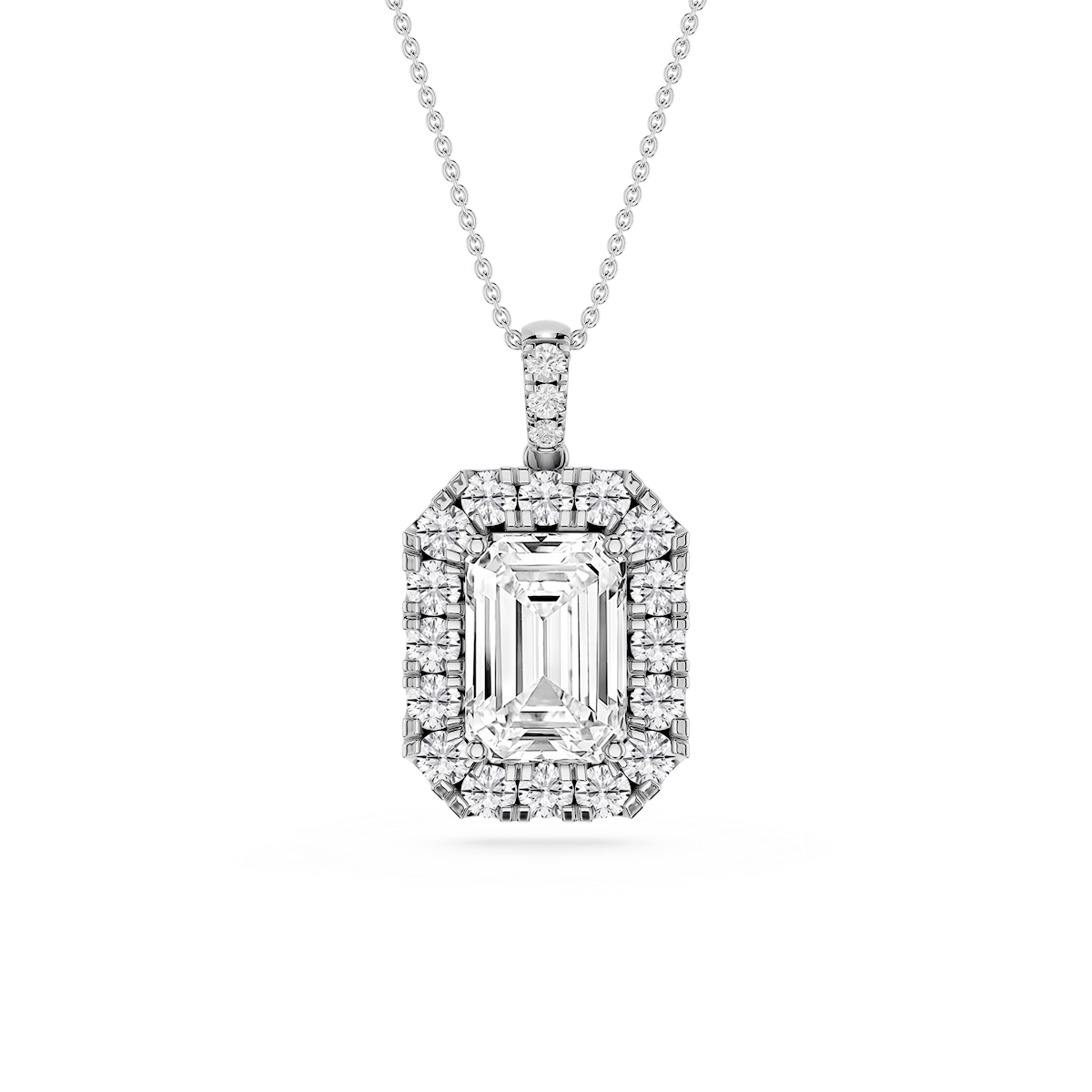 Emerald Lab Grown Diamond Halo Diamond Bail Solitaire Pendant - 16 to 18 Inches