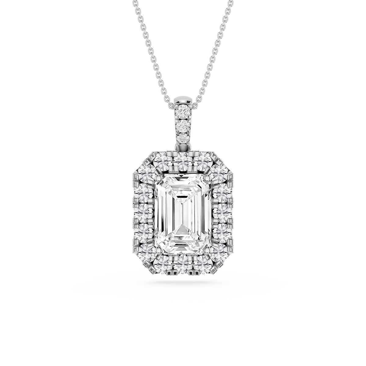 Emerald Lab Grown Diamond Halo Diamond Bail Solitaire Pendant - 16 to 18 Inches