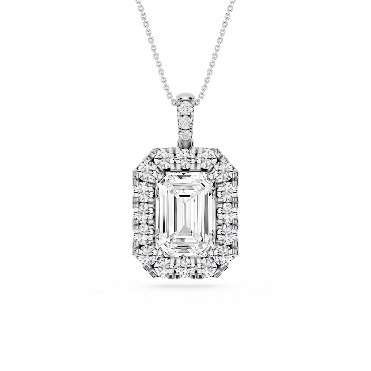Emerald Lab Grown Diamond Halo Diamond Bail Solitaire Pendant - 16 to 18 Inches
