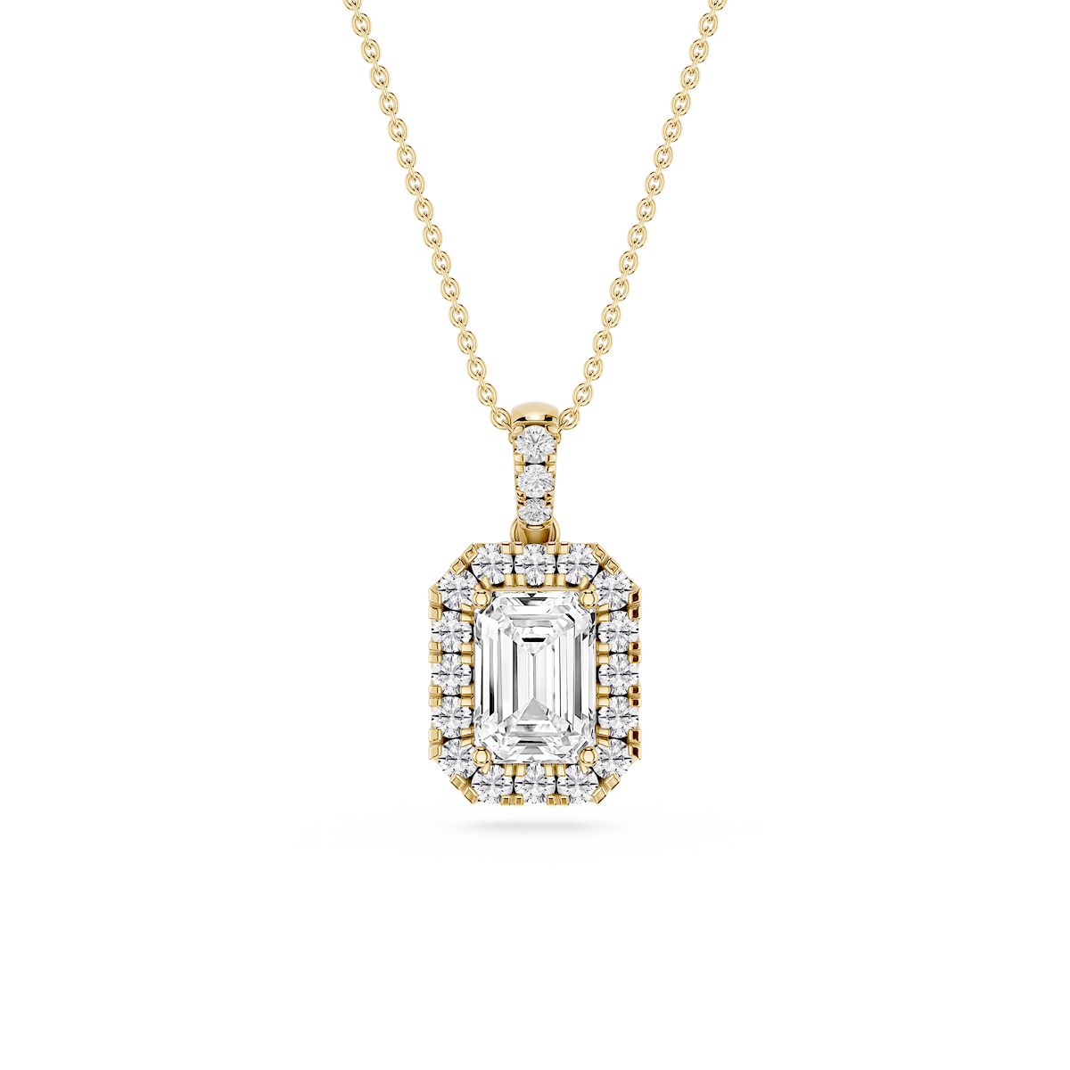 Emerald Lab Grown Diamond Halo Diamond Bail Solitaire Pendant - 16 to 18 Inches