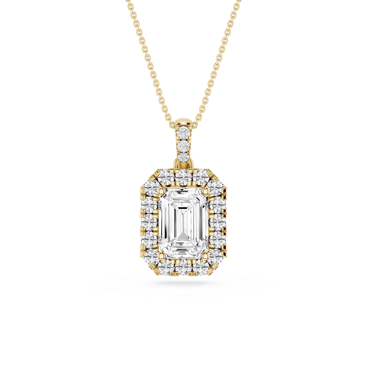 Emerald Lab Grown Diamond Halo Diamond Bail Solitaire Pendant - 16 to 18 Inches
