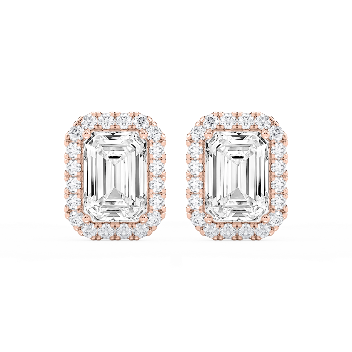 Emerald Lab Grown Diamond Four Prong Basket Halo Stud Earrings