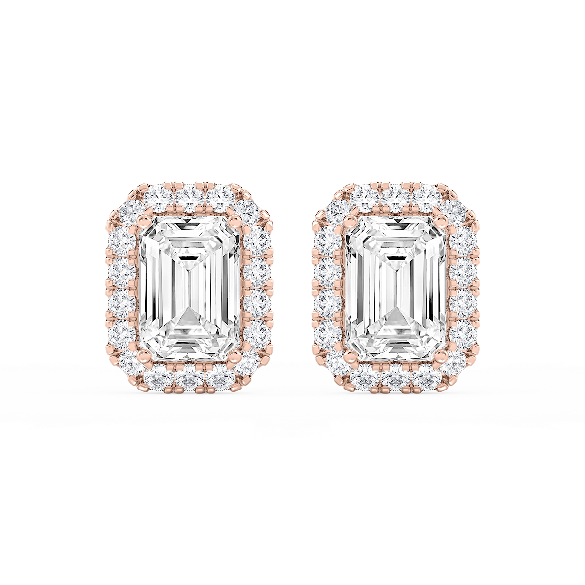 Emerald Lab Grown Diamond Four Prong Basket Halo Stud Earrings