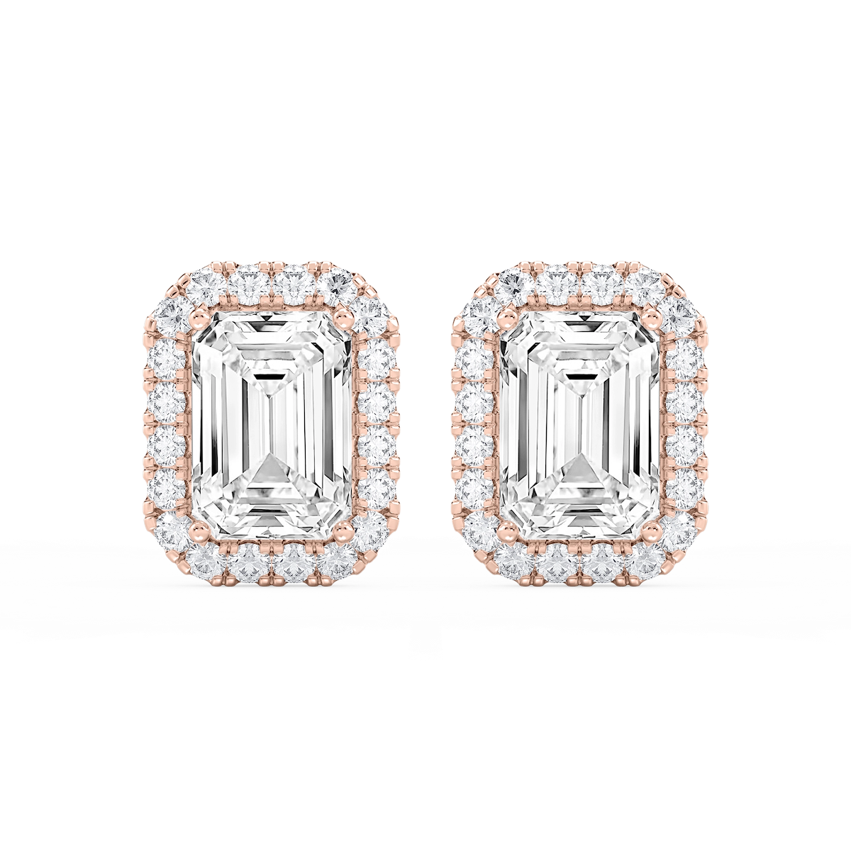 Emerald Lab Grown Diamond Four Prong Basket Halo Stud Earrings