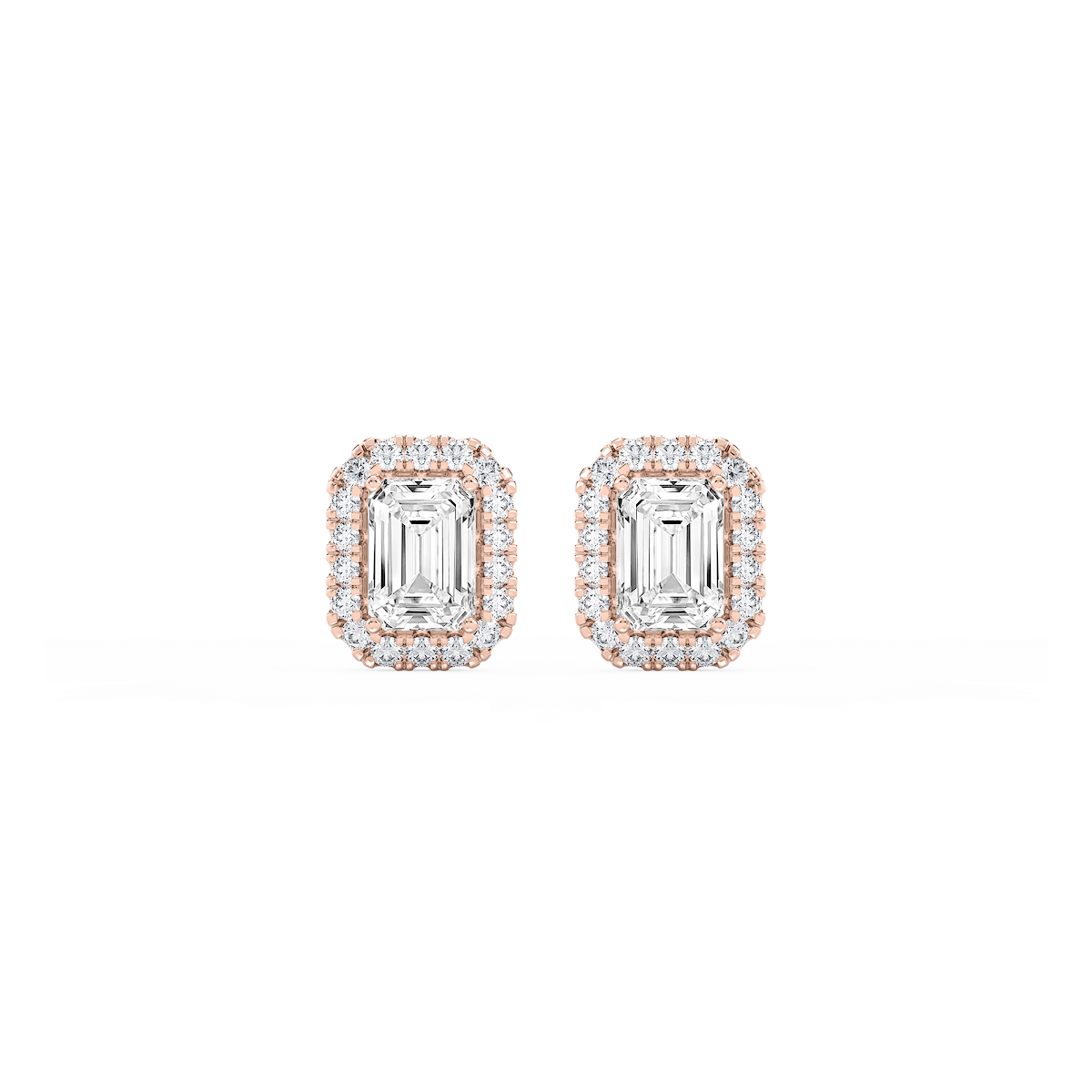 Emerald Lab Grown Diamond Four Prong Basket Halo Stud Earrings