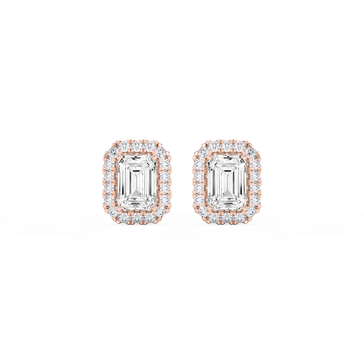 Emerald Lab Grown Diamond Four Prong Basket Halo Stud Earrings