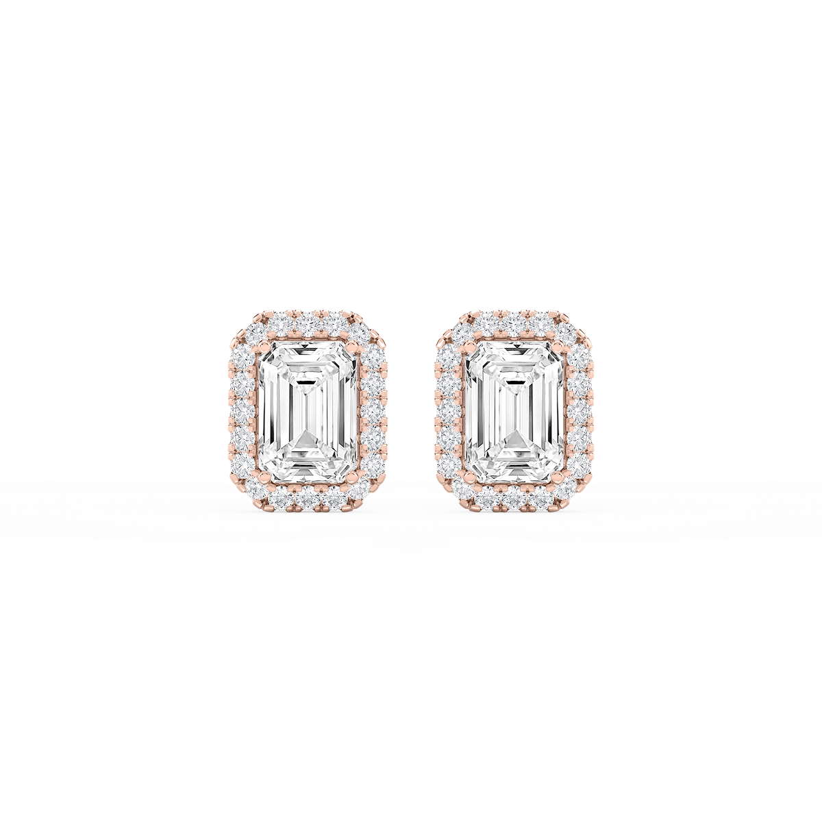 Emerald Lab Grown Diamond Four Prong Basket Halo Stud Earrings