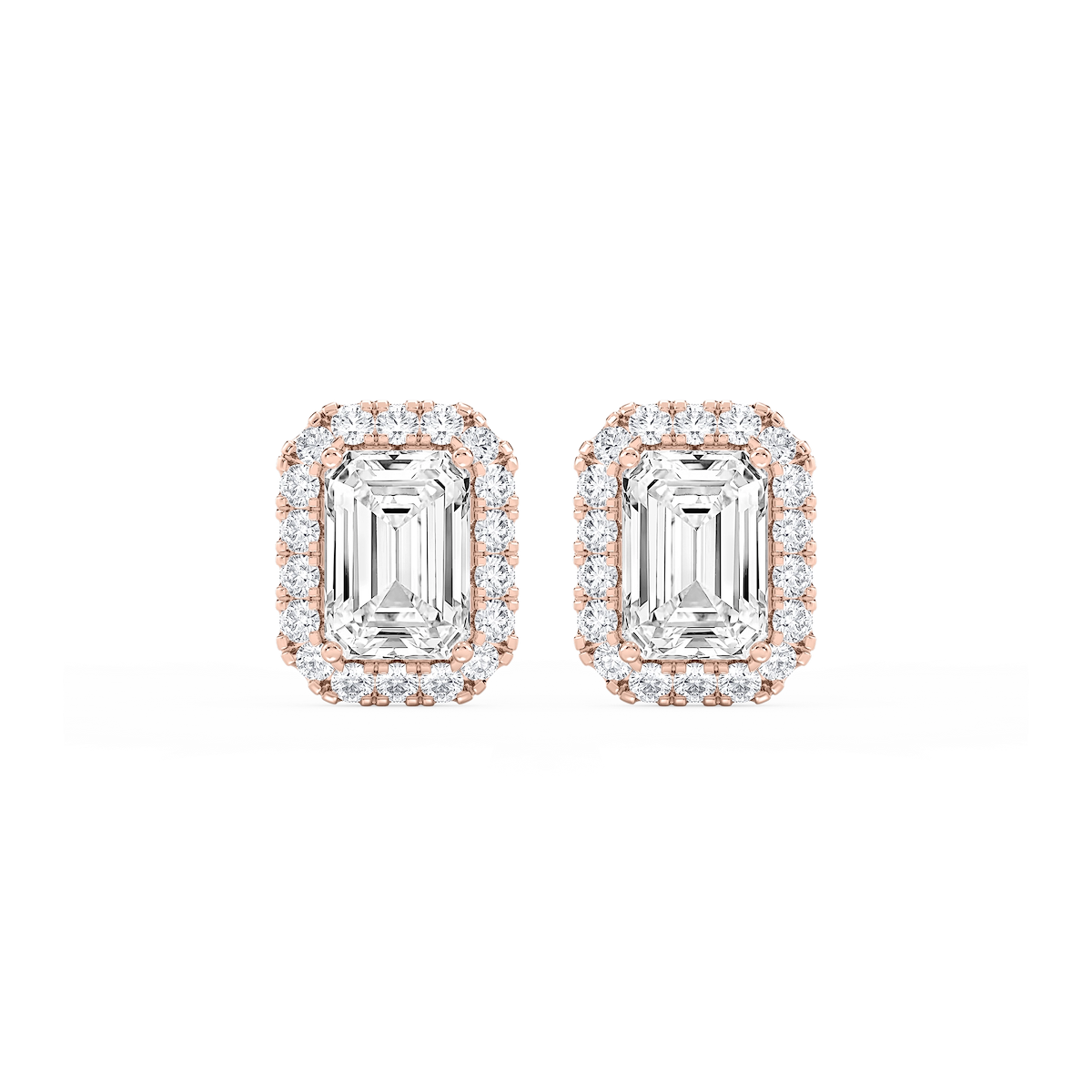 Emerald Lab Grown Diamond Four Prong Basket Halo Stud Earrings