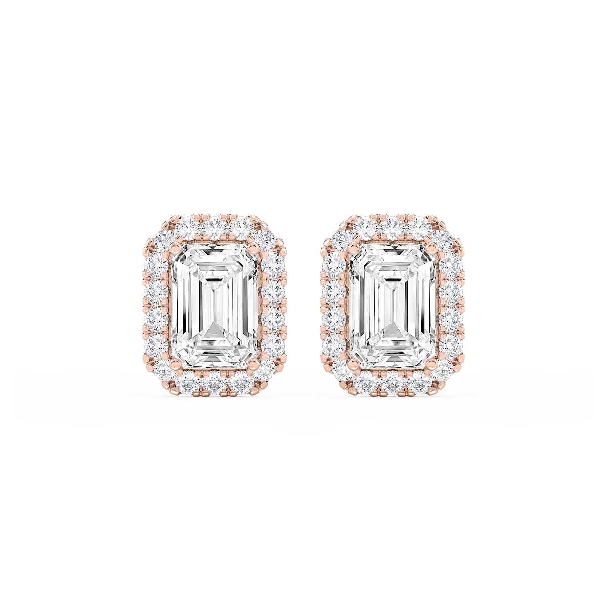 Emerald Lab Grown Diamond Four Prong Basket Halo Stud Earrings