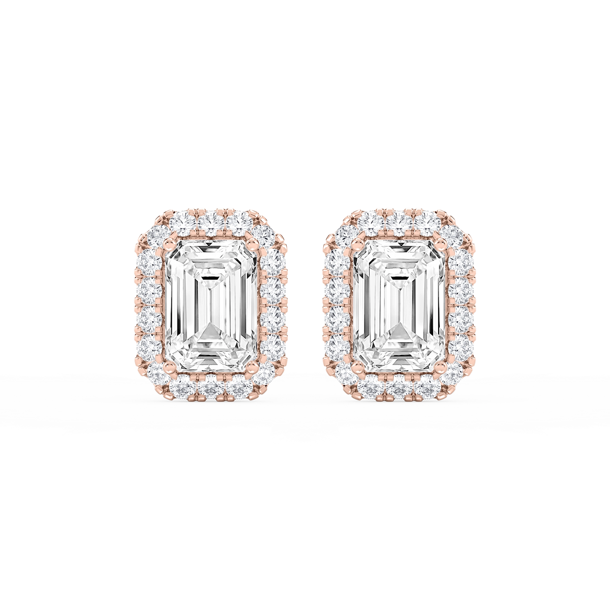 Emerald Lab Grown Diamond Four Prong Basket Halo Stud Earrings