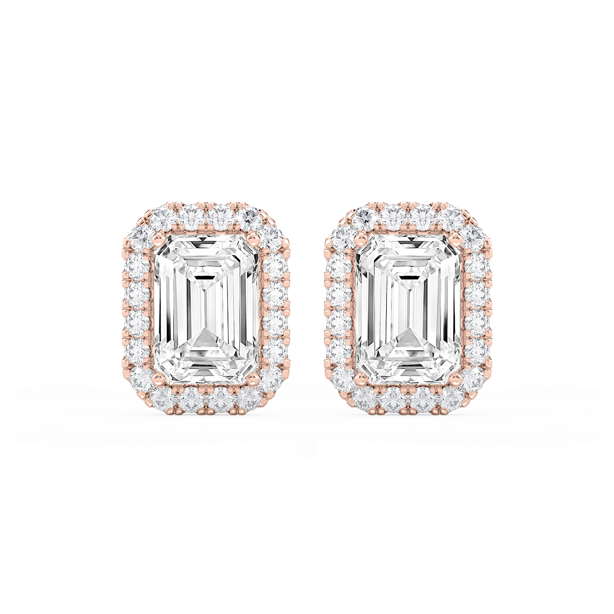 Emerald Lab Grown Diamond Four Prong Basket Halo Stud Earrings