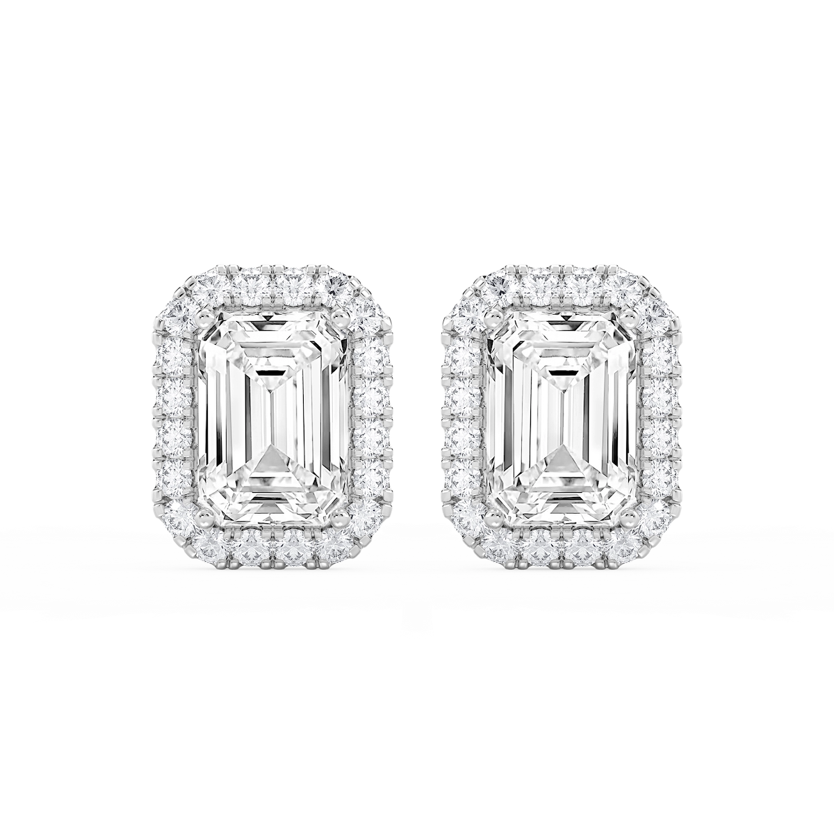 Emerald Lab Grown Diamond Four Prong Basket Halo Stud Earrings