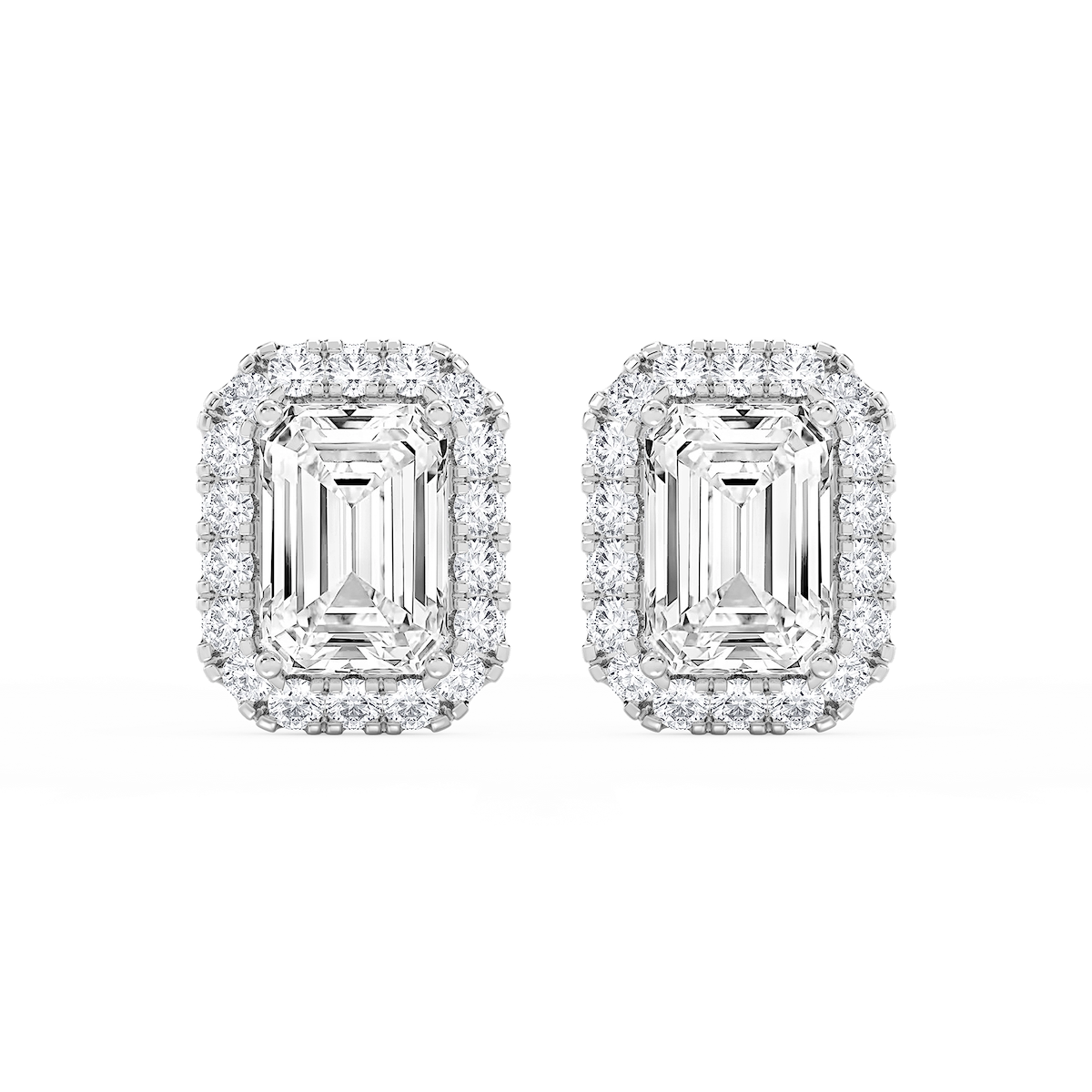 Emerald Lab Grown Diamond Four Prong Basket Halo Stud Earrings