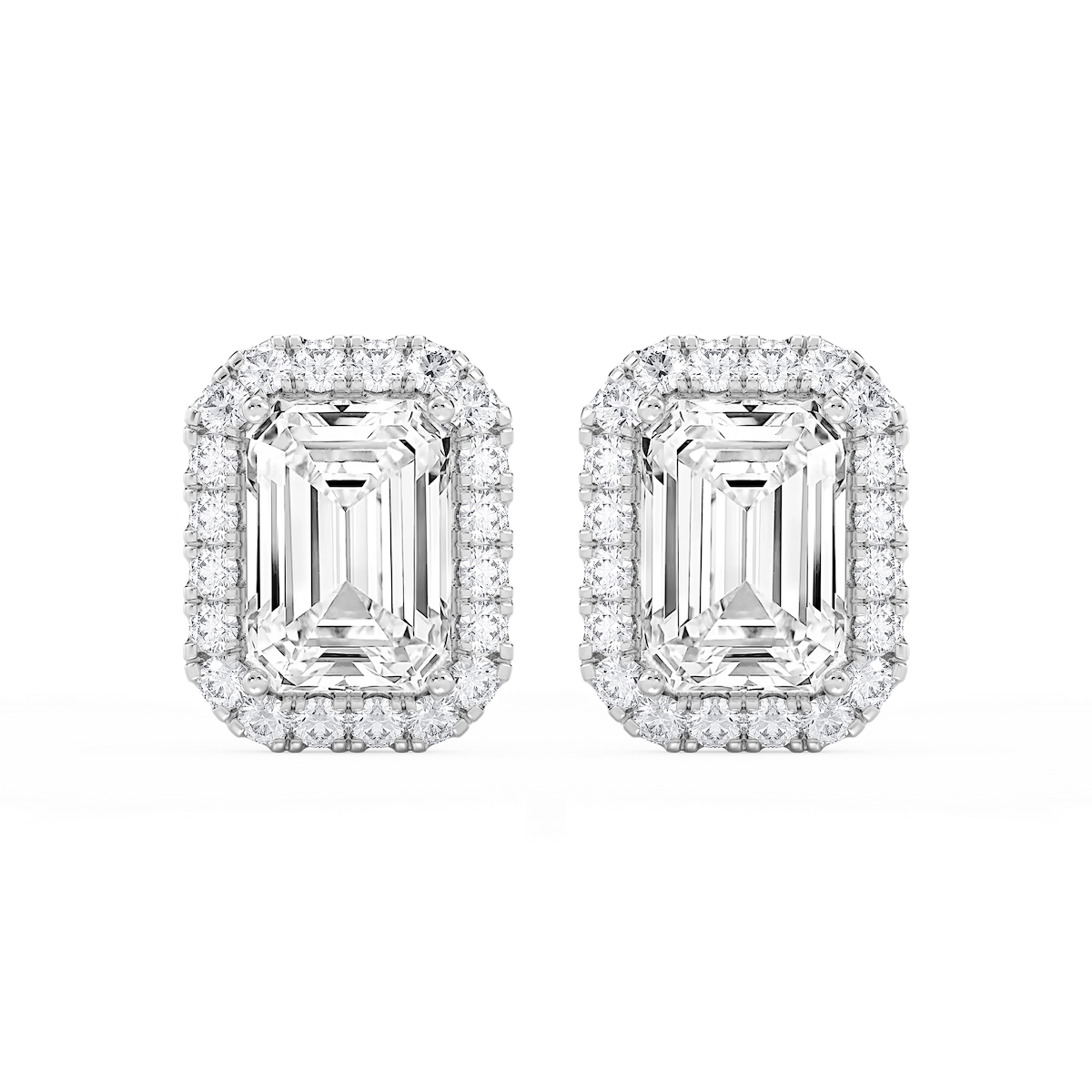 Emerald Lab Grown Diamond Four Prong Basket Halo Stud Earrings