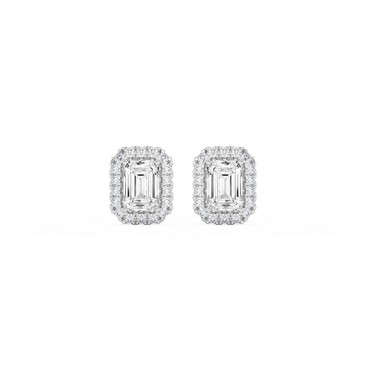 Emerald Lab Grown Diamond Four Prong Basket Halo Stud Earrings