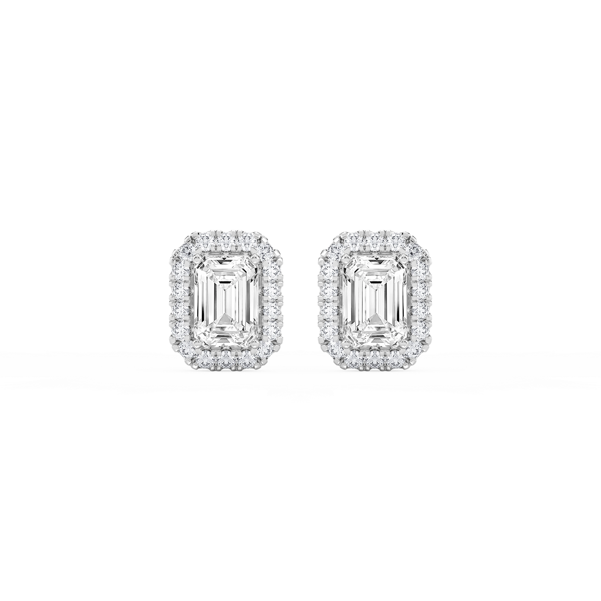 Emerald Lab Grown Diamond Four Prong Basket Halo Stud Earrings