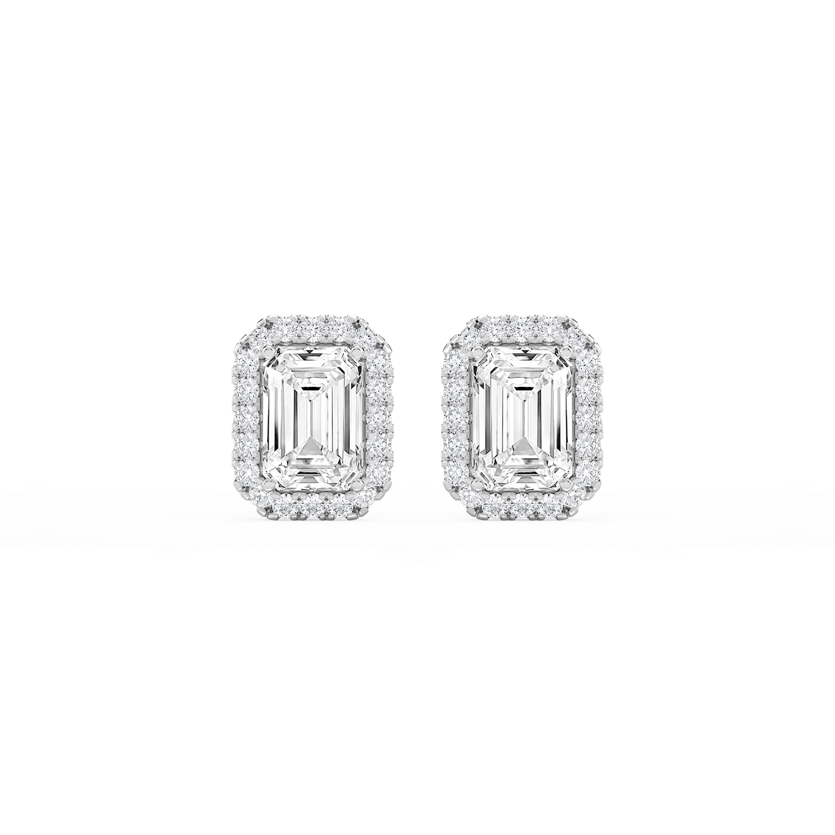 Emerald Lab Grown Diamond Four Prong Basket Halo Stud Earrings