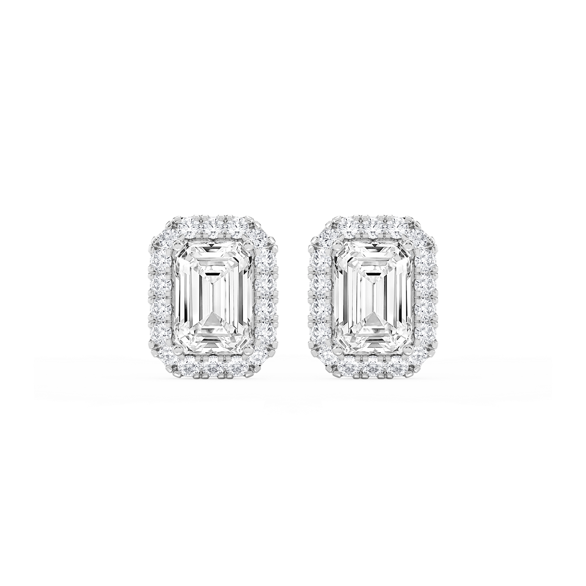 Emerald Lab Grown Diamond Four Prong Basket Halo Stud Earrings