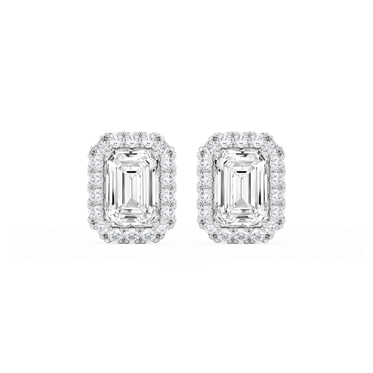 Emerald Lab Grown Diamond Four Prong Basket Halo Stud Earrings