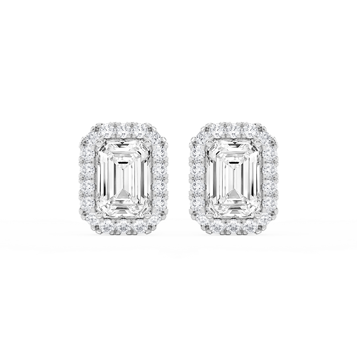 Emerald Lab Grown Diamond Four Prong Basket Halo Stud Earrings