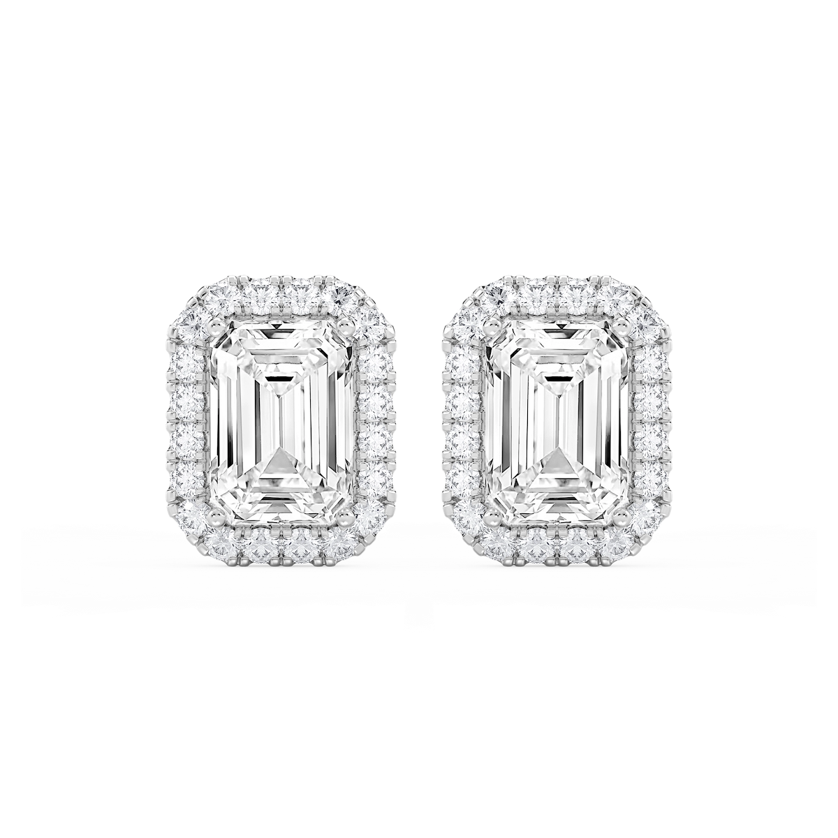 Emerald Lab Grown Diamond Four Prong Basket Halo Stud Earrings