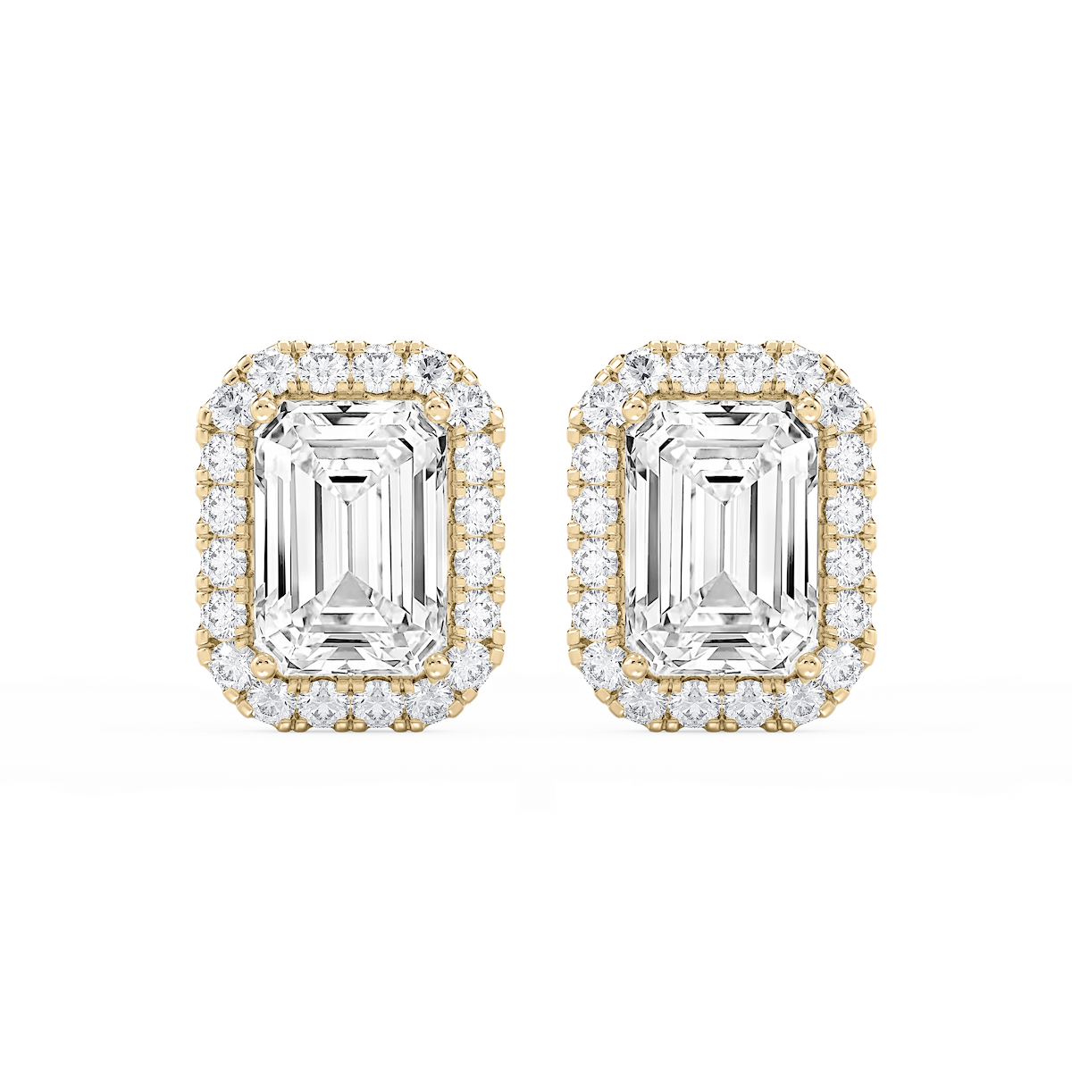 Emerald Lab Grown Diamond Four Prong Basket Halo Stud Earrings