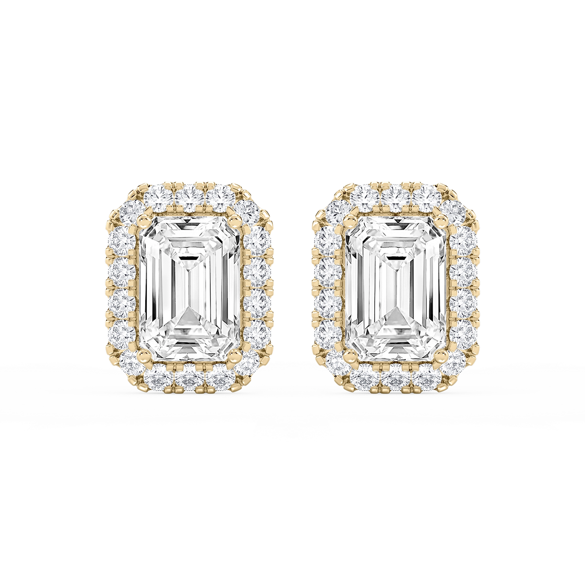 Emerald Lab Grown Diamond Four Prong Basket Halo Stud Earrings