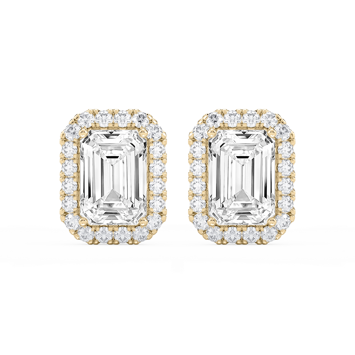 Emerald Lab Grown Diamond Four Prong Basket Halo Stud Earrings