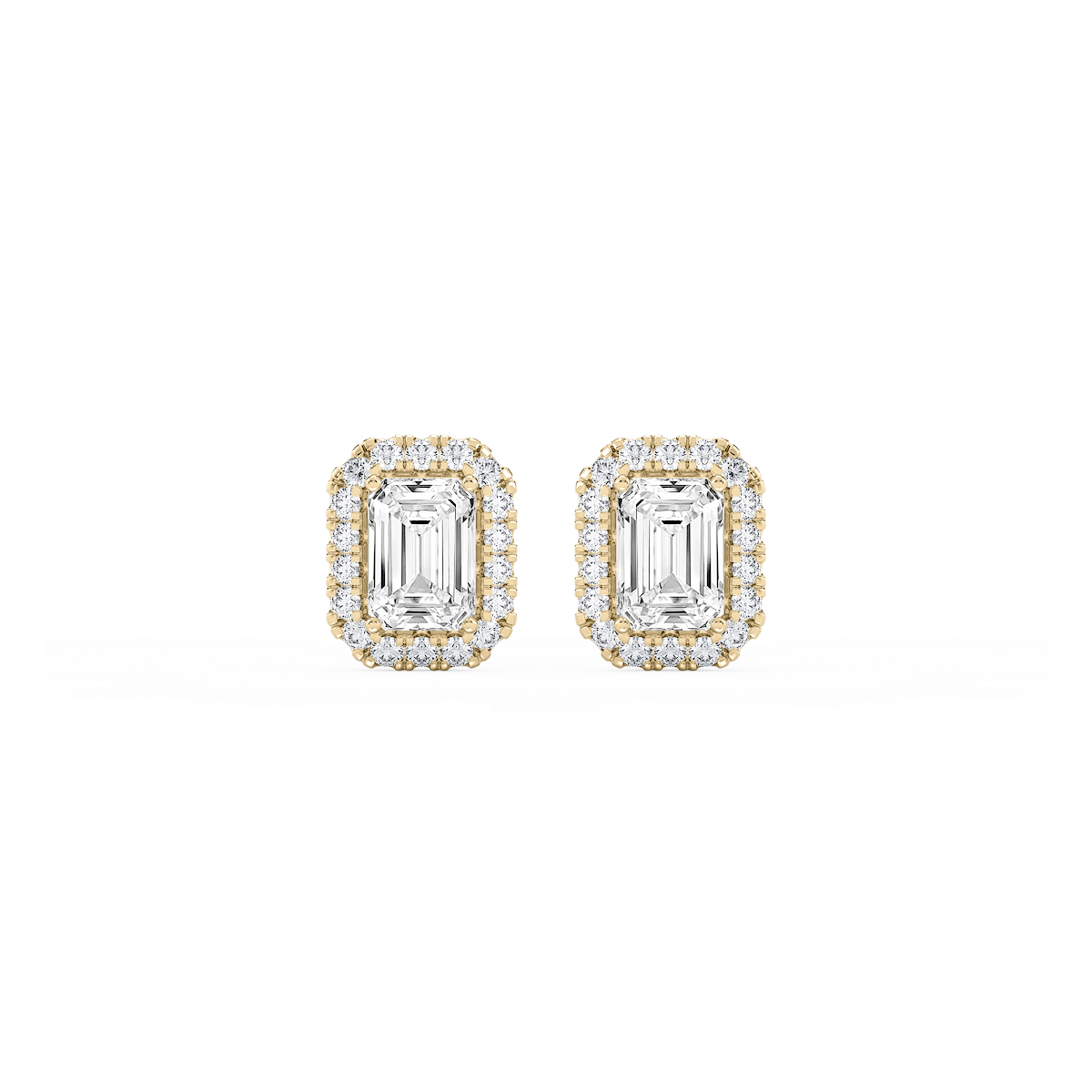 Emerald Lab Grown Diamond Four Prong Basket Halo Stud Earrings