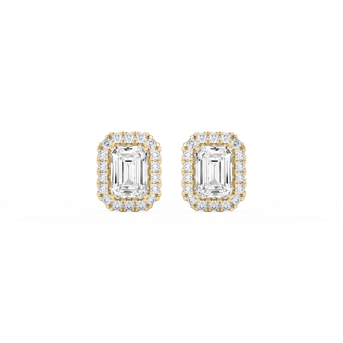 Emerald Lab Grown Diamond Four Prong Basket Halo Stud Earrings