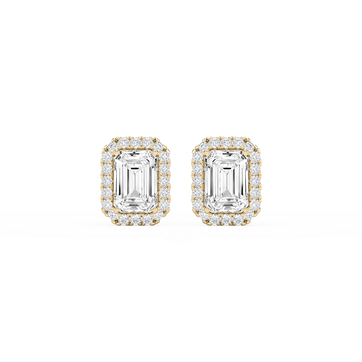 Emerald Lab Grown Diamond Four Prong Basket Halo Stud Earrings