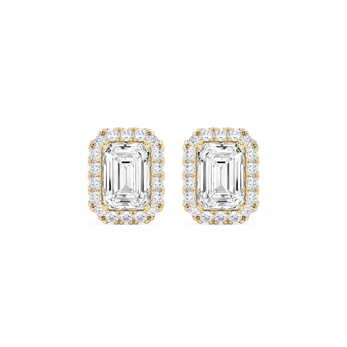 Emerald Lab Grown Diamond Four Prong Basket Halo Stud Earrings
