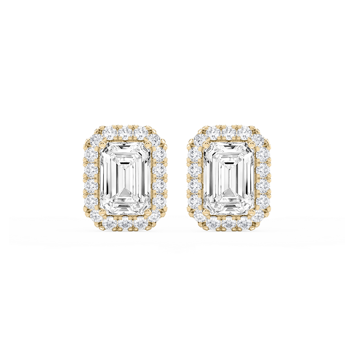 Emerald Lab Grown Diamond Four Prong Basket Halo Stud Earrings