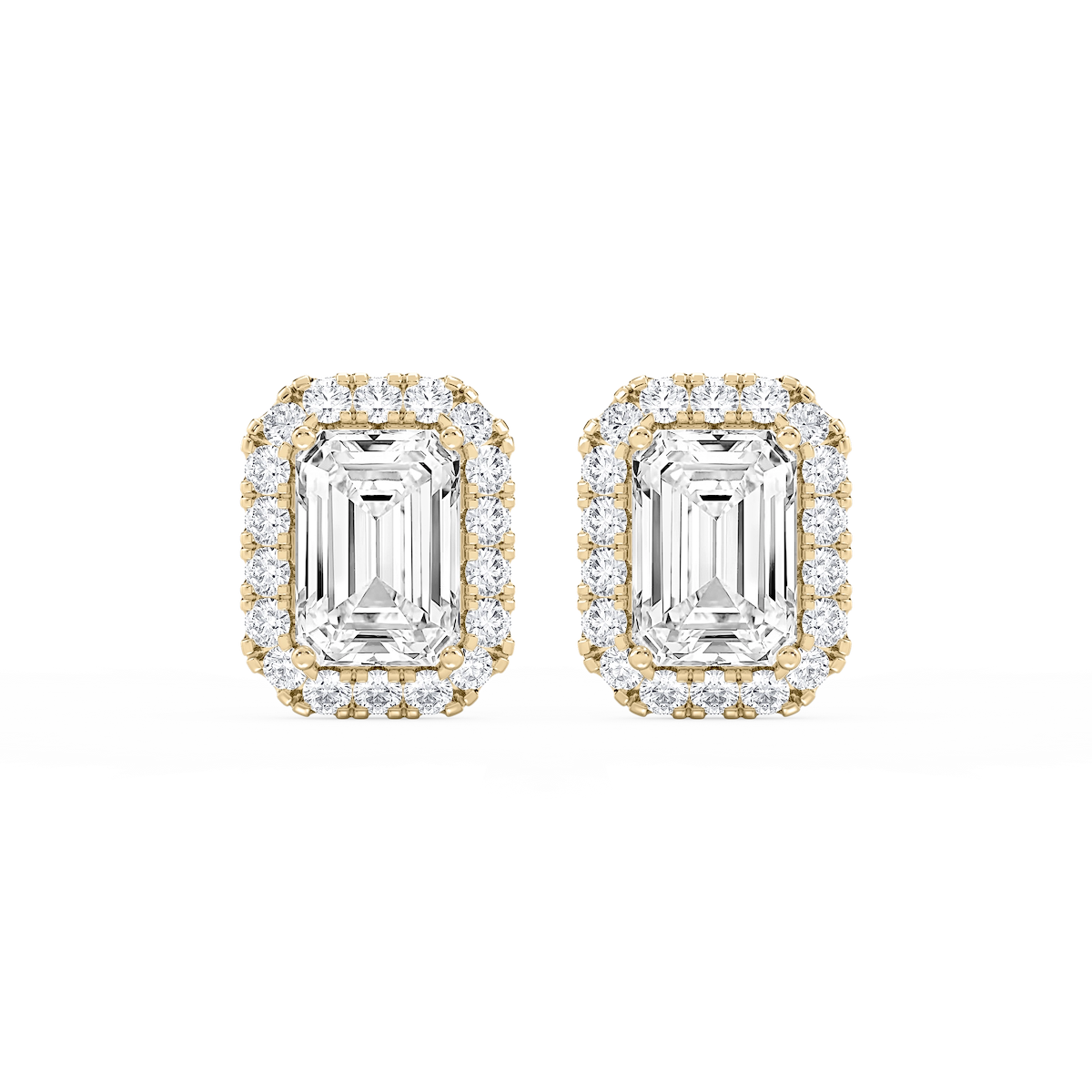 Emerald Lab Grown Diamond Four Prong Basket Halo Stud Earrings