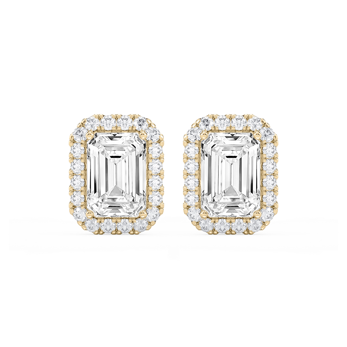 Emerald Lab Grown Diamond Four Prong Basket Halo Stud Earrings