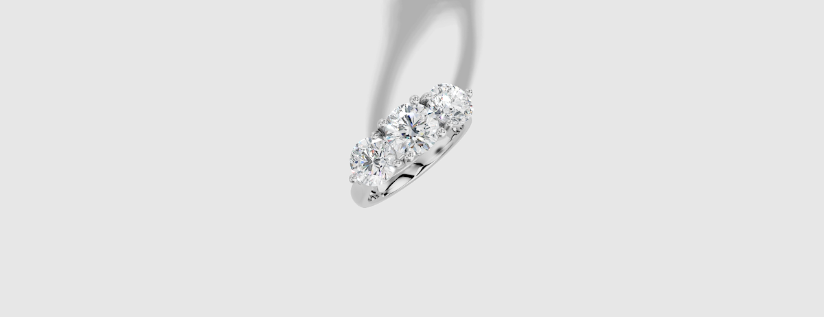 Round Cut Standard Trellis Three Stone Ring in 14K Gold